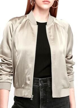 EXPRESS Womens (S/P) Shiny Satan Campaign Taupe Zip-Up Bomber Jacket - Lined